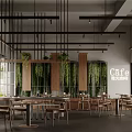 Modern Under The Tree Cafe Interior With Wooden Chairs And Plants