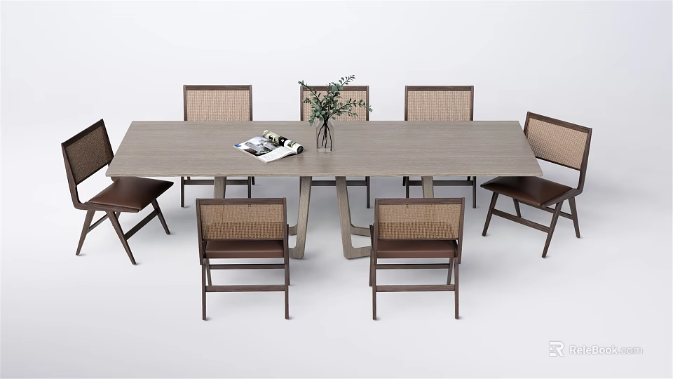 Modern Rectangular Dining Table Set With Six Woven Backrest Chairs And Green Plant 3d model