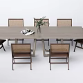 Modern Rectangular Dining Table Set With Six Woven Backrest Chairs And Green Plant 3d model