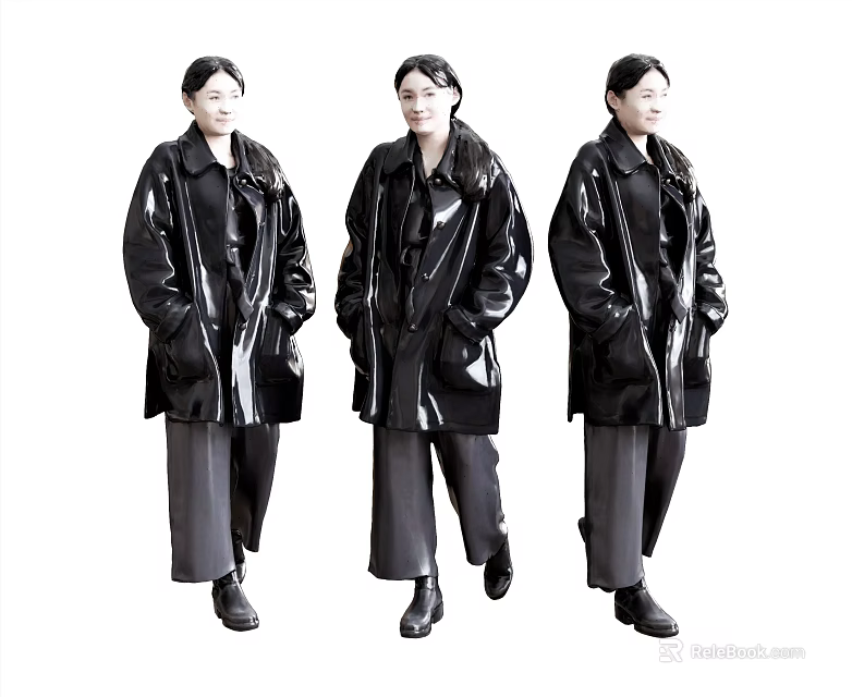 Women In Black Glossy Coats Gray Pants And Black Shoes With Different Poses 3d model 