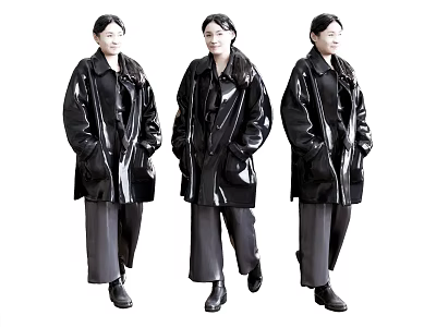 Women In Black Glossy Coats Gray Pants And Black Shoes With Different Poses 3d model