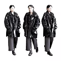 Women In Black Glossy Coats Gray Pants And Black Shoes With Different Poses
