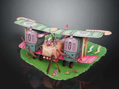 Vintage Biplane Passenger Plane Model With Green Wings Pink Body And Grass Decorations 3d model