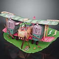 Vintage Biplane Passenger Plane Model With Green Wings Pink Body And Grass Decorations