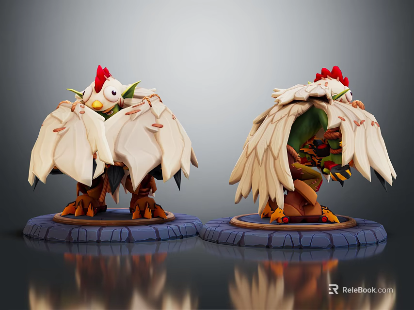 Fantasy Character Creatures With Red Crests White Feathers Green Bodies And Blue Bases 3d model 
