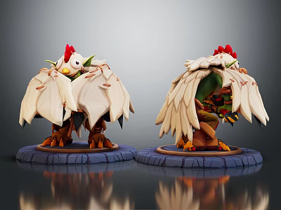 Fantasy Character Creatures With Red Crests White Feathers Green Bodies And Blue Bases 3d model