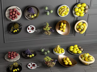 Vibrant Mixed Fruits Displayed In Different Plates And Bowls On Gray Surface 3d model