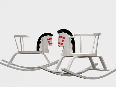 Two White Wooden Block Rocking Horses With Black Mane And Red Accents 3d model