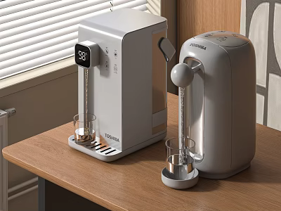 Modern Water Dispensers On Wooden Table Near Window 3d model