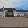 Traditional Chinese Post Station Architecture With Mountain View Plaza And People Gathering