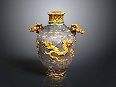Traditional Chinese Vase With Golden Dragon Patterns And Twin Handles 3d model