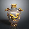 Traditional Chinese Vase With Golden Dragon Patterns And Twin Handles