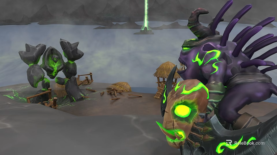 Mysterious Purple Creature With Green Glowing Horns Near Altar And Thatched Huts By Water Area 3d model 