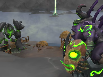 Mysterious Purple Creature With Green Glowing Horns Near Altar And Thatched Huts By Water Area 3d model
