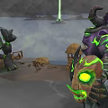 Mysterious Purple Creature With Green Glowing Horns Near Altar And Thatched Huts By Water Area