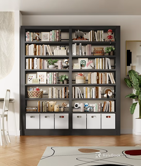 Modern Dark Bookshelf With Books Photo Frames Plants Stuffed Toys And Storage Drawers 3d model 