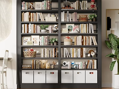 Modern Dark Bookshelf With Books Photo Frames Plants Stuffed Toys And Storage Drawers 3d model