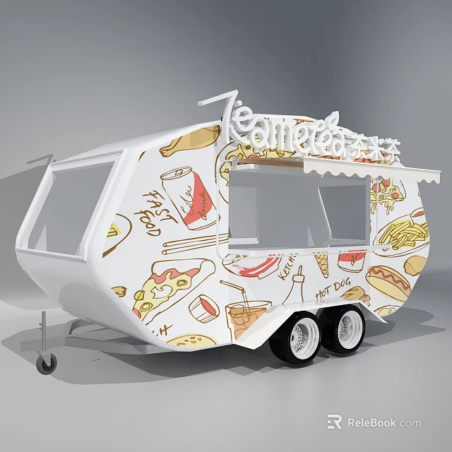 White Food Catering Cart With Colorful Food Graffiti And Awning For Mobile Service 3d model 