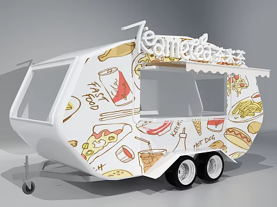 White Food Catering Cart With Colorful Food Graffiti And Awning For Mobile Service 3d model