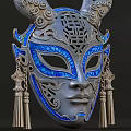 Intricate Silver Mask With Blue Enamel Patterns And Tassel Decorations