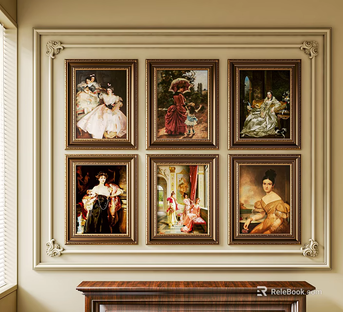 Classical Oil Paintings Displayed On Ornate Wall 3d model
