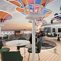 Yacht Deck with Colorful Canopies Tables and Chairs during Sunset with Ambient Lighting