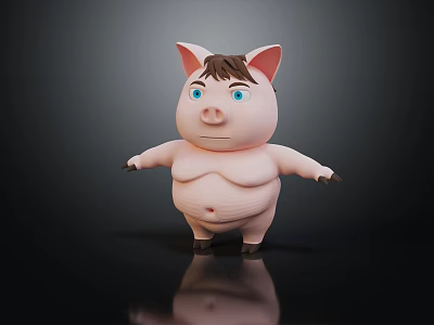 Cute Pink Cartoon Pig With Brown Hair Blue Eyes Chubby Body Standing On Black Background 3d model