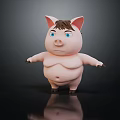 Cute Pink Cartoon Pig With Brown Hair Blue Eyes Chubby Body Standing On Black Background