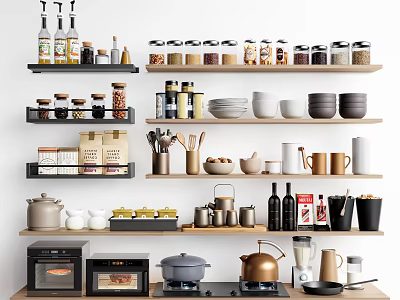 Organized Kitchen Shelves With Neatly Arranged Kitchenware Containers Utensils And Spice Jars 3d model