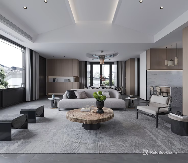Modern Living Dining Room With Gray Sofa Round Coffee Table And Large Windows 3d model 