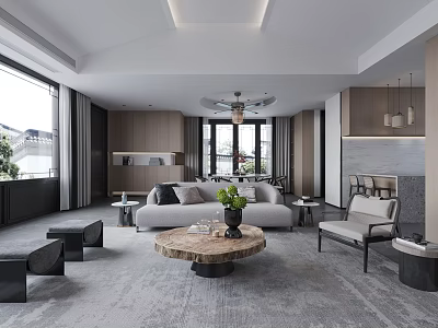 Modern Living Dining Room With Gray Sofa Round Coffee Table And Large Windows 3d model