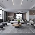 Modern Living Dining Room With Gray Sofa Round Coffee Table And Large Windows