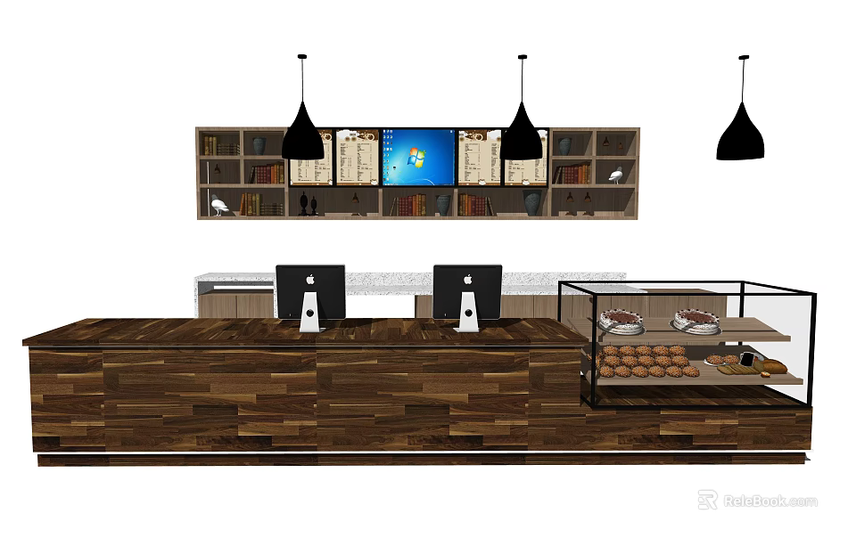 Modern Wooden Reception Desk With Hanging Lights Shelves And Computer Monitors 3d model 