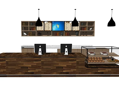 Modern Wooden Reception Desk With Hanging Lights Shelves And Computer Monitors 3d model