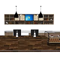 Modern Wooden Reception Desk With Hanging Lights Shelves And Computer Monitors