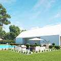 Modern White Detached Villa Exterior With Green Lawn And Trees Pathway Entrance Area