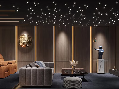 Luxurious Home Theater Room Interior With Starry Ceiling Wooden Walls And Comfortable Sofas 3d model