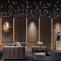 Luxurious Home Theater Room Interior With Starry Ceiling Wooden Walls And Comfortable Sofas