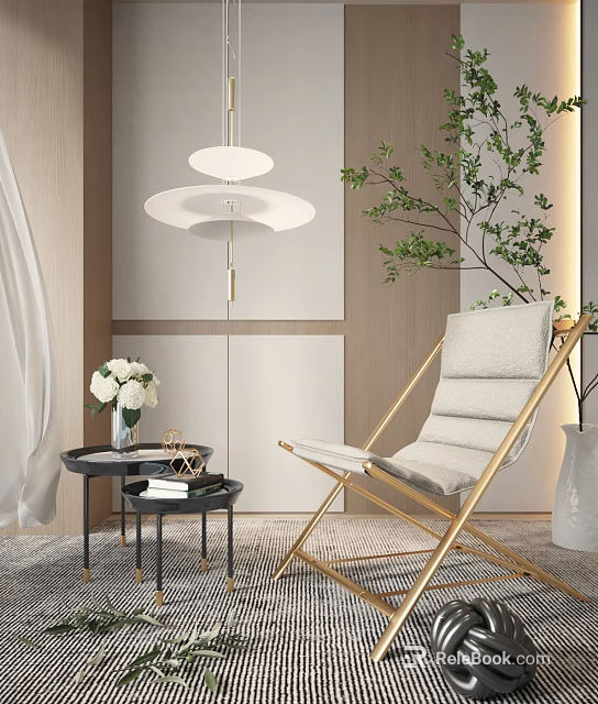 Modern Lounge Chair With Gold Metal Frame Light Gray Cushion And Indoor Green Plant 3d model 