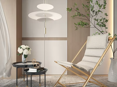 Modern Lounge Chair With Gold Metal Frame Light Gray Cushion And Indoor Green Plant 3d model