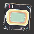 Modern Football Stadium Architecture with Green Field Tiered Stands Light Poles and Parking Lot