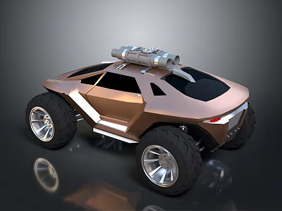 Brown Futuristic Off Road Vehicle With Large Tires And Roof Mounted Structure Design 3d model