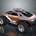 Brown Futuristic Off Road Vehicle With Large Tires And Roof Mounted Structure Design