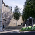 Modern Urban Plaza Landscape With Lush Trees Wooden Steps And Contemporary Buildings