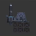 Industrial Equipment Featuring Tower Like Structures Pipes Gears And Metal Frame Base