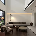 Modern Minimalist Living Room With Floating Staircase Dark Marble Floor And Stylish Wall Art