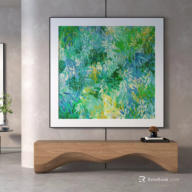 Vibrant Abstract Painting With Green Blue Yellow Fluid Brushstrokes For Living Room Wall Decor 3d model 