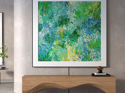 Vibrant Abstract Painting With Green Blue Yellow Fluid Brushstrokes For Living Room Wall Decor 3d model