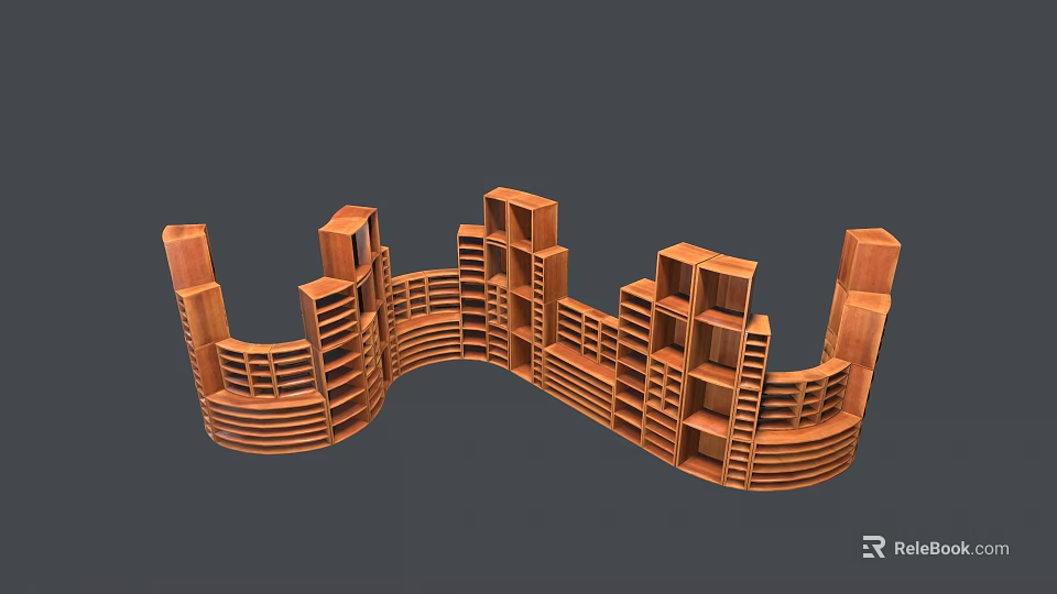 Modern Wooden Bookcase With Unique Curved Design And Multiple Tiered Shelves 3d model 