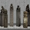 Ancient Carved Stone Columns With Intricate Details And Statues In Gallery